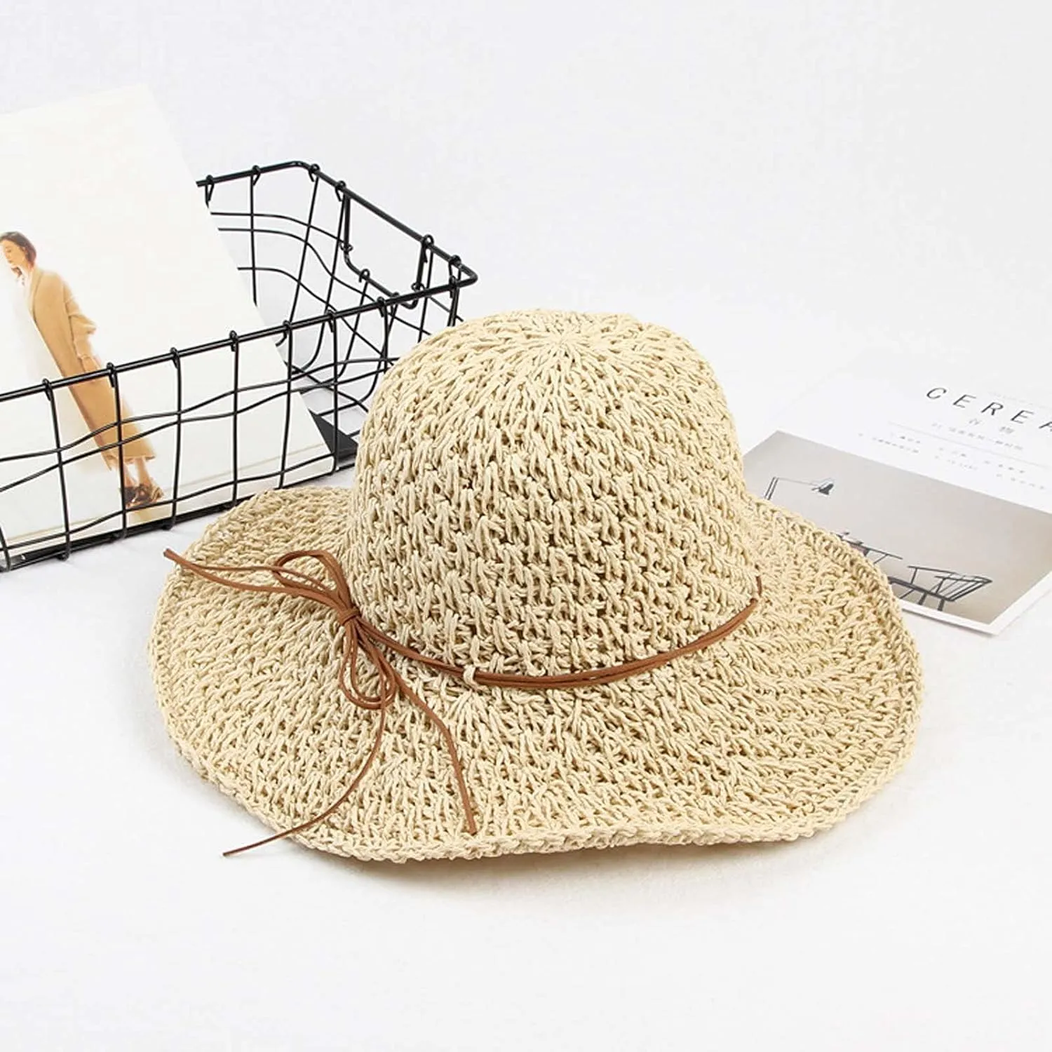 Women Fashion Straw Hats Summer Floppy Roll Up Beach Hat Teen Girls Wide Brim Bucket Sun Visor Hat Travel Accessories
