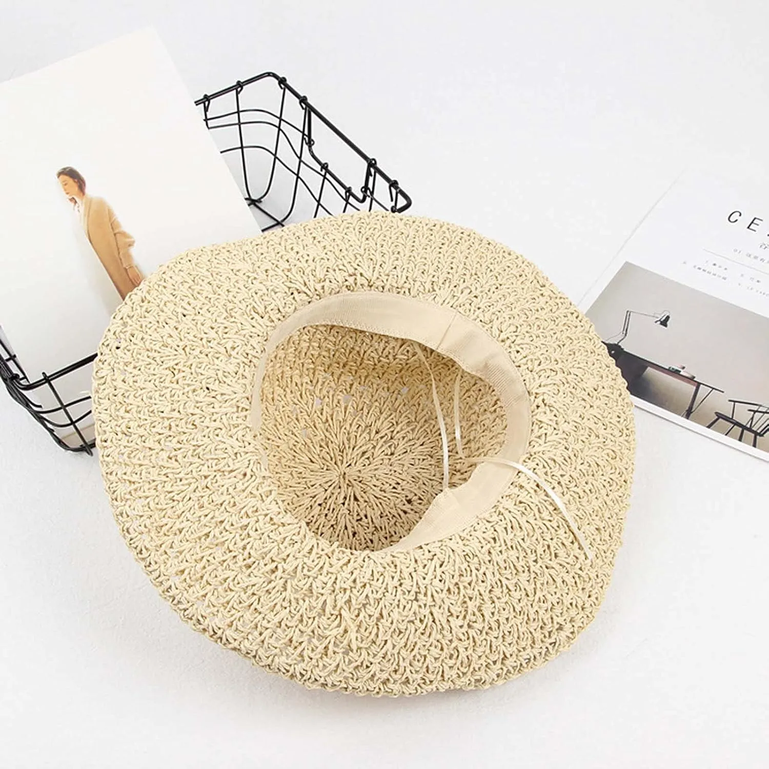 Women Fashion Straw Hats Summer Floppy Roll Up Beach Hat Teen Girls Wide Brim Bucket Sun Visor Hat Travel Accessories