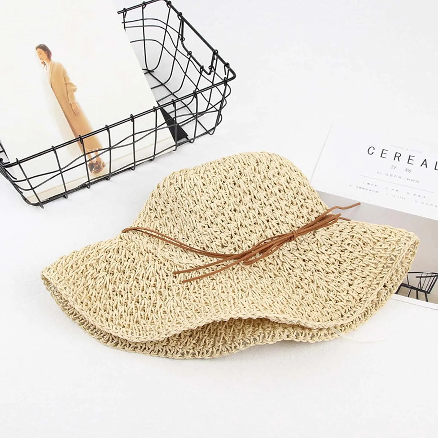 Women Fashion Straw Hats Summer Floppy Roll Up Beach Hat Teen Girls Wide Brim Bucket Sun Visor Hat Travel Accessories