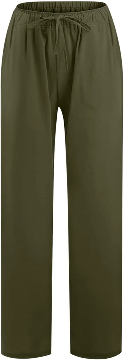 Women Linen Palazzo Pants with Pockets Plus Size Drawstring Summer Bottoms Wide Leg Casual Flowy Beach Trousers
