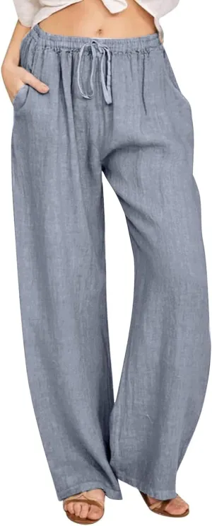 Women Linen Palazzo Pants with Pockets Plus Size Drawstring Summer Bottoms Wide Leg Casual Flowy Beach Trousers
