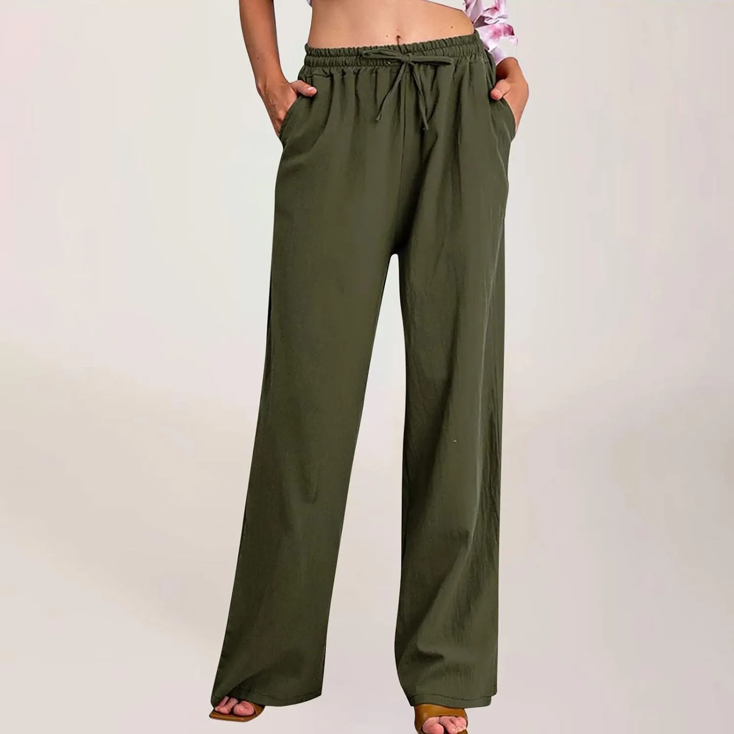 Women Linen Palazzo Pants with Pockets Plus Size Drawstring Summer Bottoms Wide Leg Casual Flowy Beach Trousers