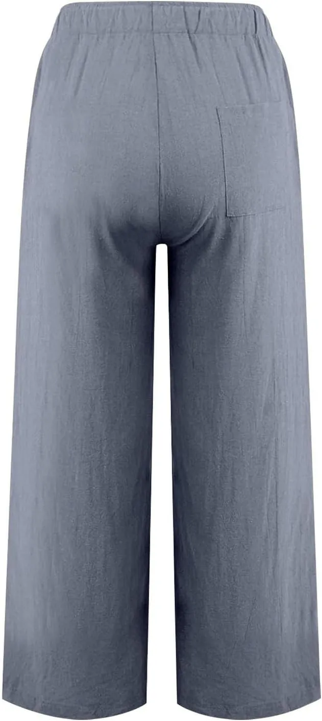 Women Linen Palazzo Pants with Pockets Plus Size Drawstring Summer Bottoms Wide Leg Casual Flowy Beach Trousers