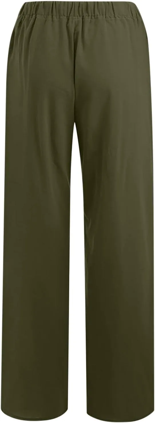 Women Linen Palazzo Pants with Pockets Plus Size Drawstring Summer Bottoms Wide Leg Casual Flowy Beach Trousers