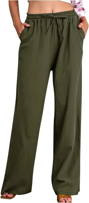 Women Linen Palazzo Pants with Pockets Plus Size Drawstring Summer Bottoms Wide Leg Casual Flowy Beach Trousers
