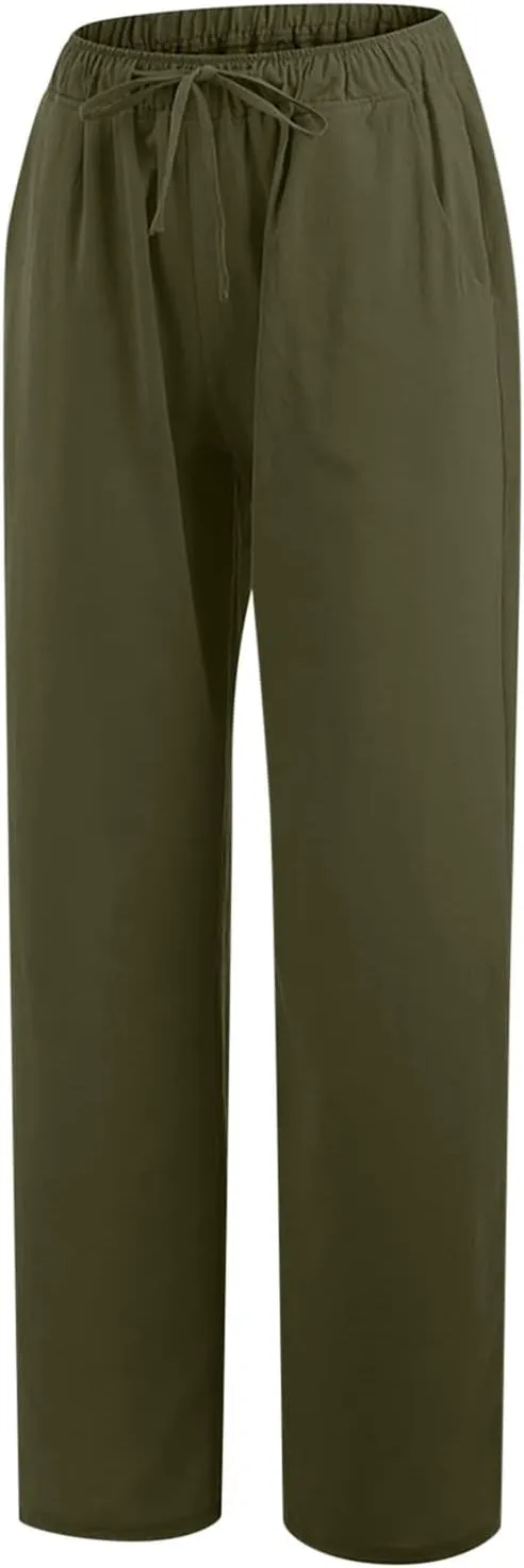 Women Linen Palazzo Pants with Pockets Plus Size Drawstring Summer Bottoms Wide Leg Casual Flowy Beach Trousers