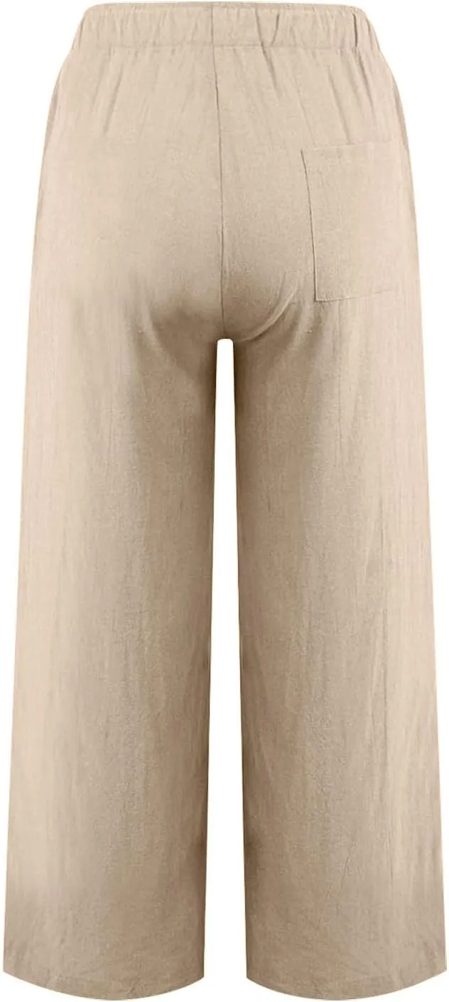 Women Linen Pants Wide Leg High Wasited Drawstring Beach Pants with Pockets Casual Loose Summer Lounge Pant