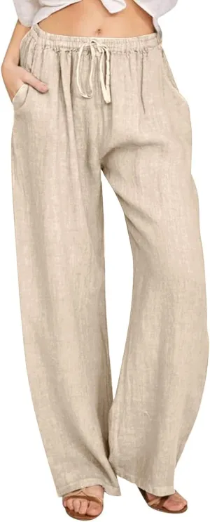 Women Linen Pants Wide Leg High Wasited Drawstring Beach Pants with Pockets Casual Loose Summer Lounge Pant