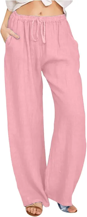 Women Linen Pants Wide Leg High Wasited Drawstring Beach Pants with Pockets Casual Loose Summer Lounge Pant