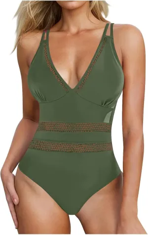 Women One Piece Swimsuit Sexy Deep V Neck Mesh Tummy Control Bathing Suit Push Up High Waisted Full Coverage Swimwear