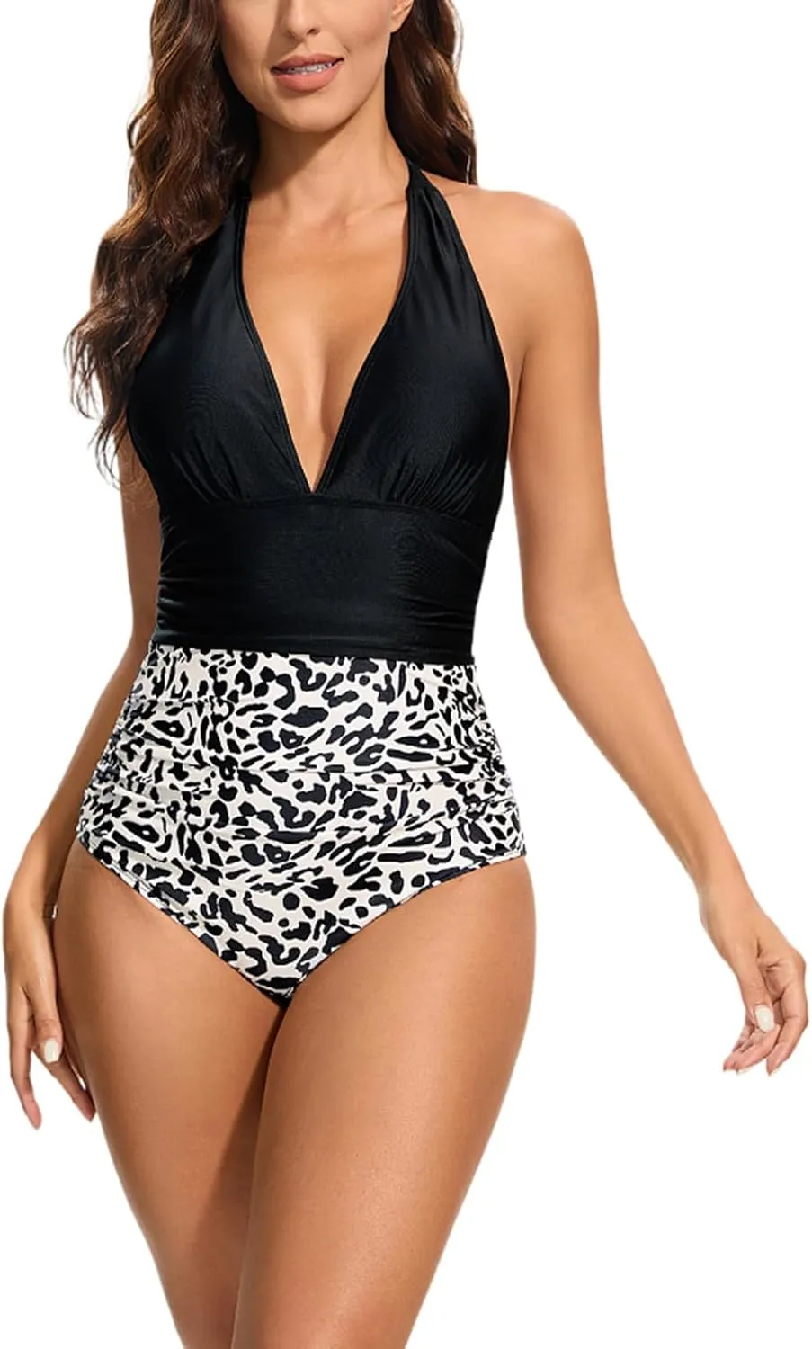 Women Sexy Tummy Control One Piece Swimsuit Halter Bathing Suits Leopard Print V Neck Backless Swimwear for Ladies