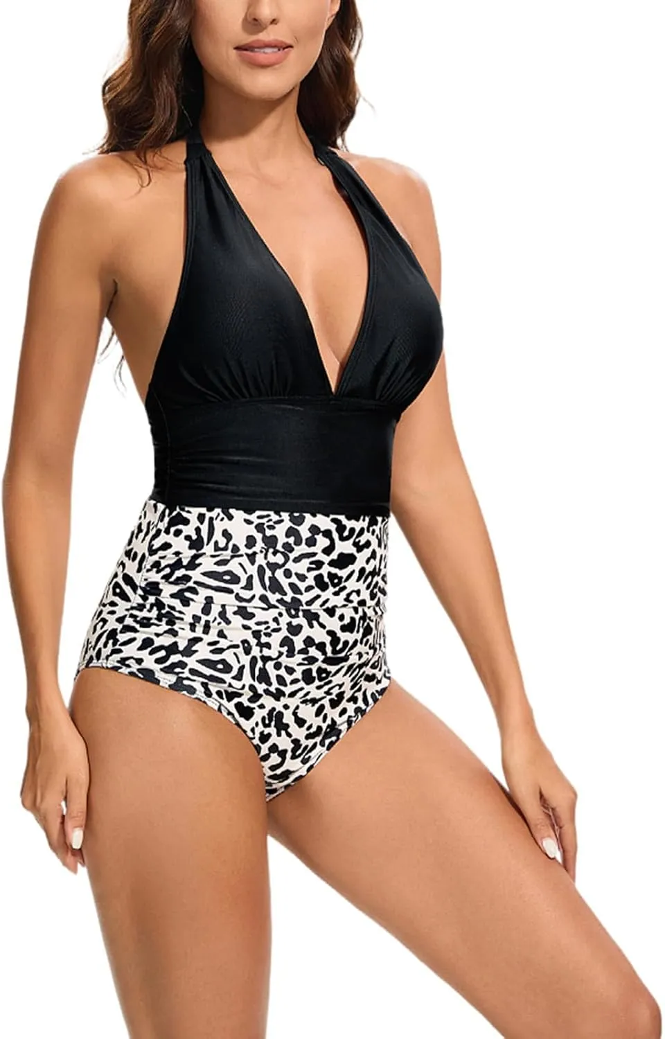 Women Sexy Tummy Control One Piece Swimsuit Halter Bathing Suits Leopard Print V Neck Backless Swimwear for Ladies
