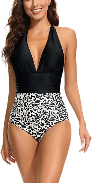 Women Sexy Tummy Control One Piece Swimsuit Halter Bathing Suits Leopard Print V Neck Backless Swimwear for Ladies