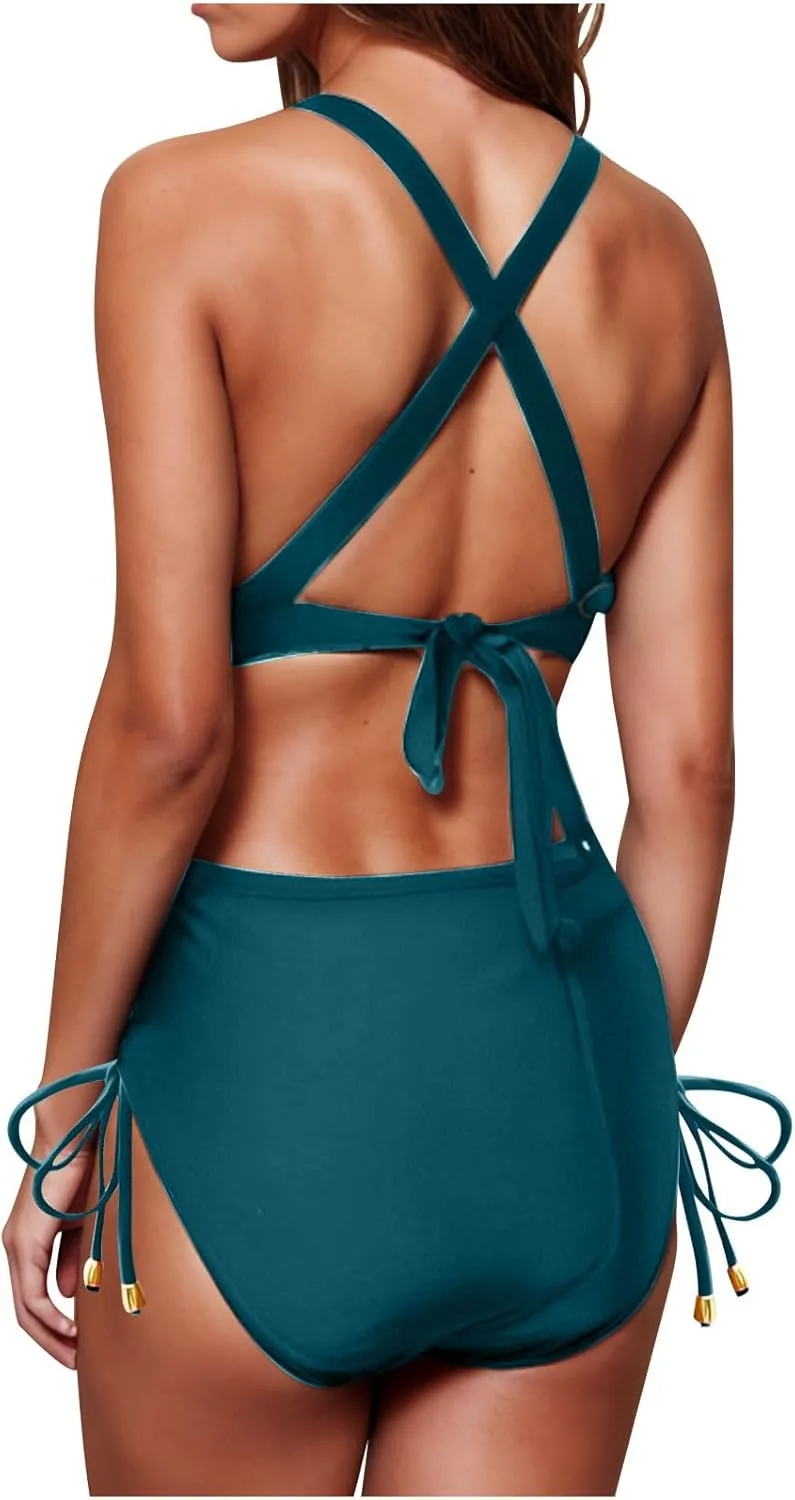 Women Solid Twist Front Two Piece Bikini Swimsuit Beach Wrap Push Up Bikini Set Tummy Control Plus Size Bathing Suit