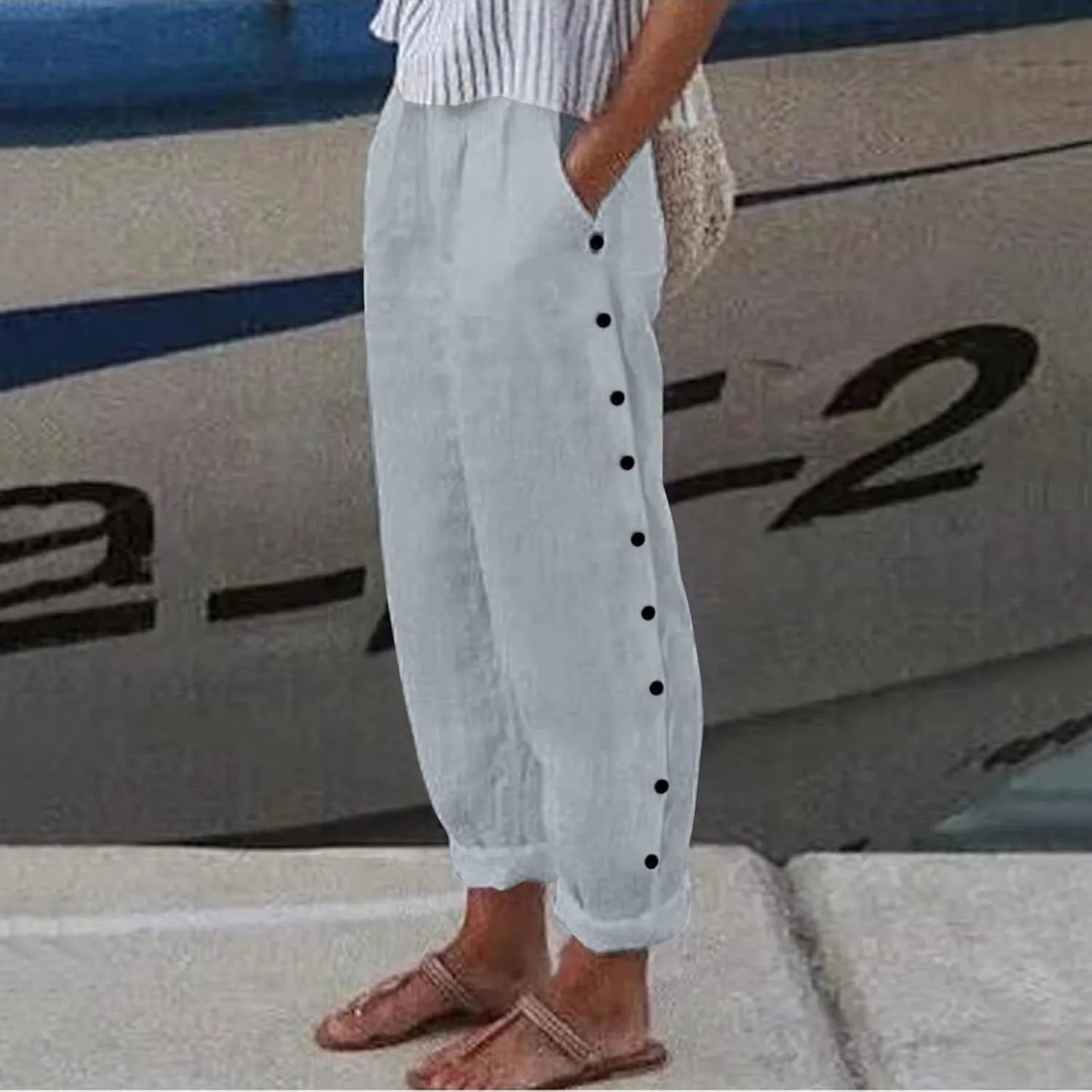 Women Striped Linen Pants Lightweight Casual Straight Leg Elastic Waist Pants Beach Summer Trousers with Pockets