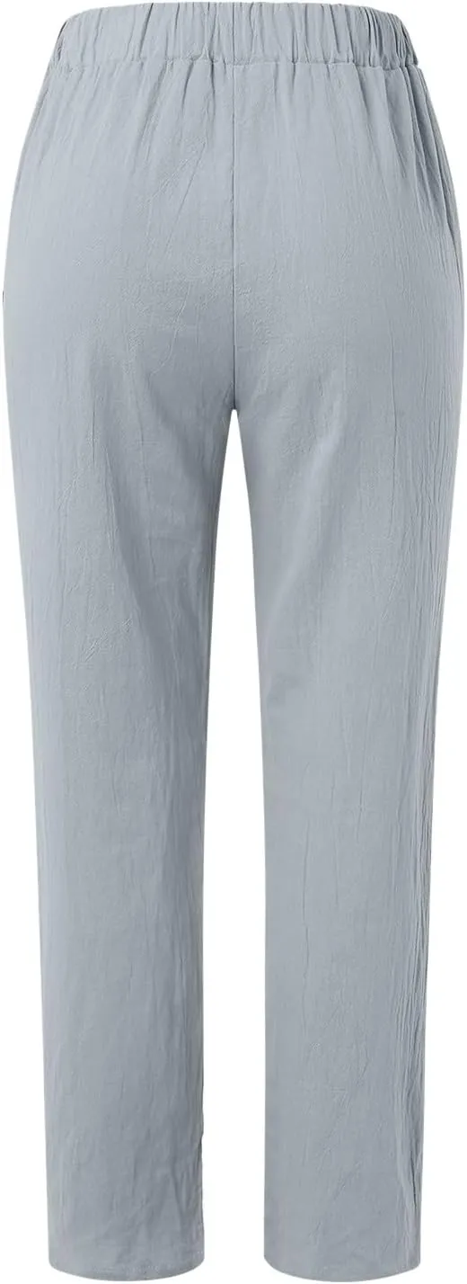 Women Striped Linen Pants Lightweight Casual Straight Leg Elastic Waist Pants Beach Summer Trousers with Pockets