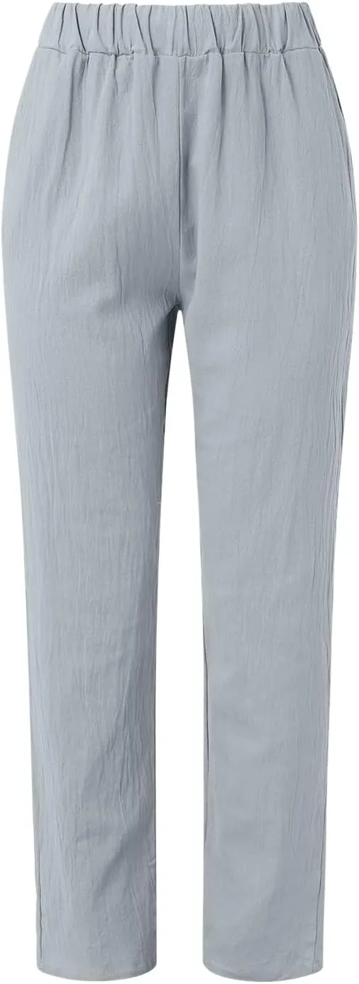 Women Striped Linen Pants Lightweight Casual Straight Leg Elastic Waist Pants Beach Summer Trousers with Pockets