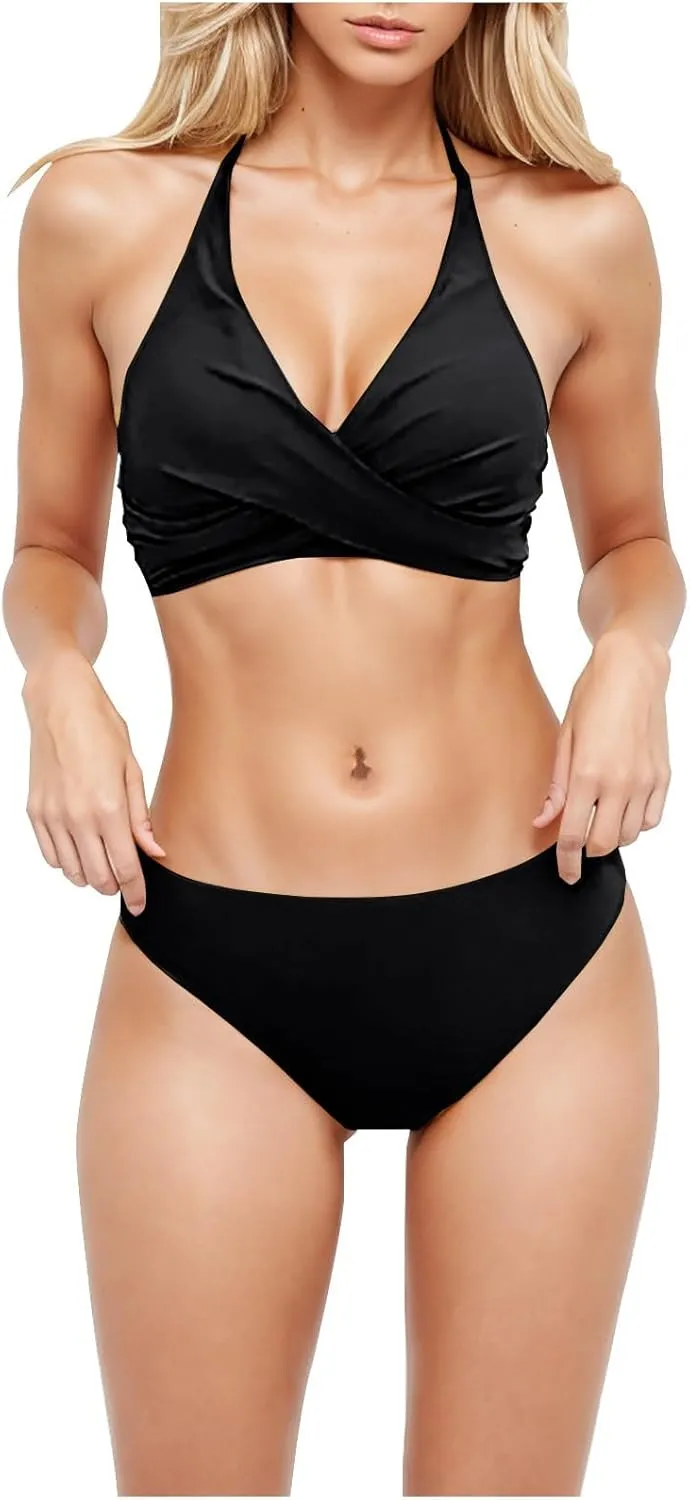 Women Swimksuits 2 Piece Sets Cross Wrap V Neck Cami Bra and Thong Bikinis Summer Beach Bathing Suits Modest Swimwear