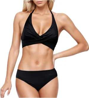 Women Swimksuits 2 Piece Sets Cross Wrap V Neck Cami Bra and Thong Bikinis Summer Beach Bathing Suits Modest Swimwear