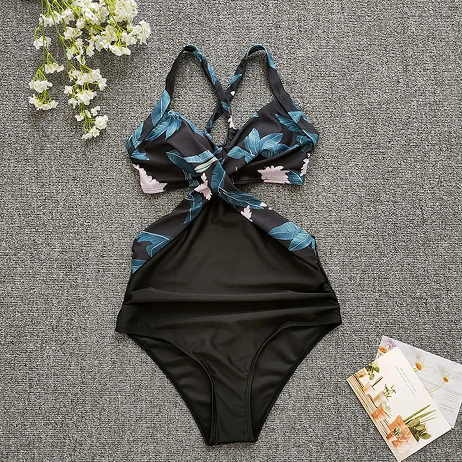 Women Swimsuit One Piece Bathing Suit Sexy Halter Neck Criss Cross Mesh Hollow Out Bikini Swimwear Strapless Bathing Suits