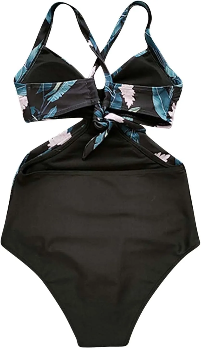 Women Swimsuit One Piece Bathing Suit Sexy Halter Neck Criss Cross Mesh Hollow Out Bikini Swimwear Strapless Bathing Suits