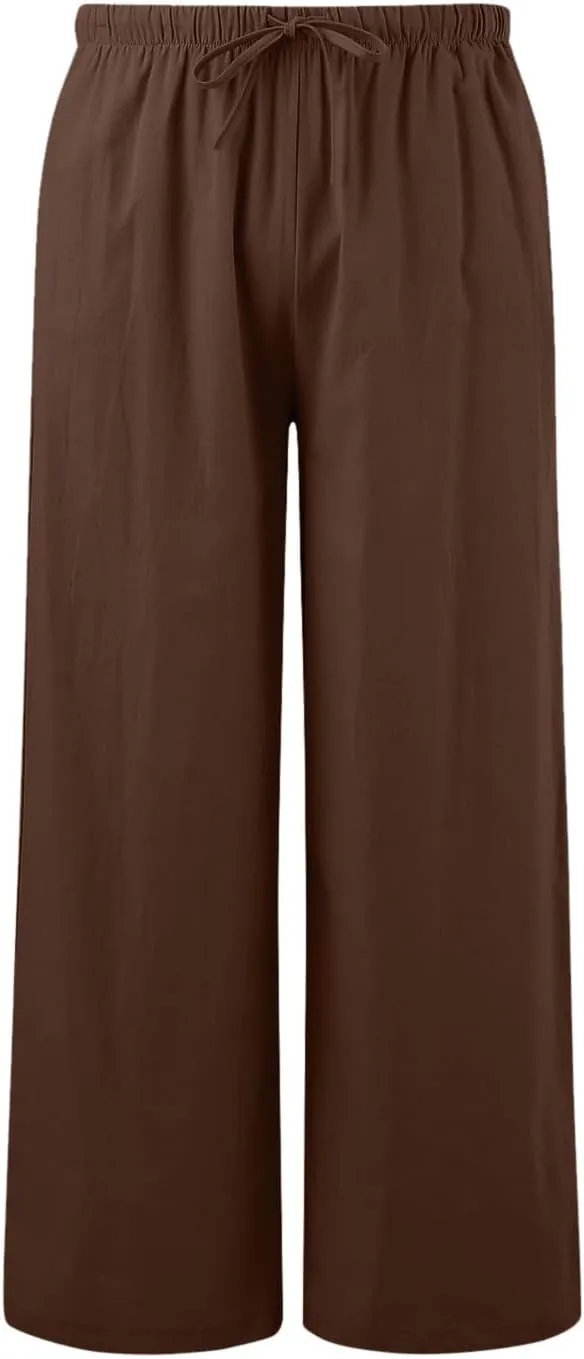 Women Wide Leg Pants Fashion Drawstring Elastic High Waisted Trousers Comfy Straight Leg Long Pants with Pockets