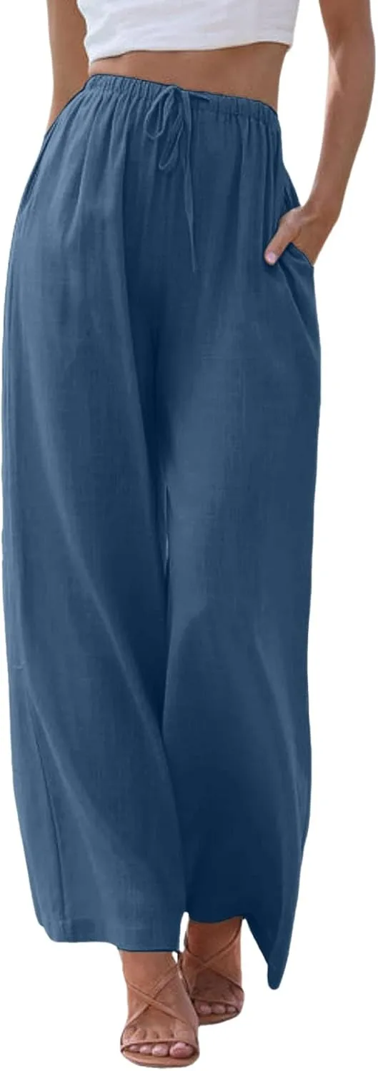 Women Wide Leg Pants Fashion Drawstring Elastic High Waisted Trousers Comfy Straight Leg Long Pants with Pockets