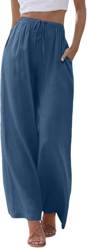 Women Wide Leg Pants Fashion Drawstring Elastic High Waisted Trousers Comfy Straight Leg Long Pants with Pockets