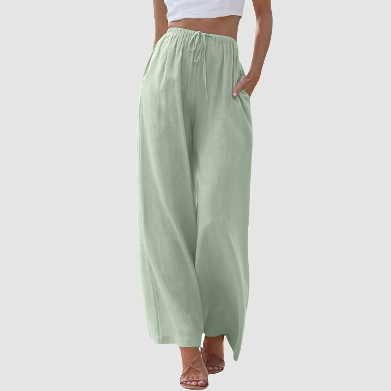 Women Wide Leg Pants Fashion Drawstring Elastic High Waisted Trousers Comfy Straight Leg Long Pants with Pockets