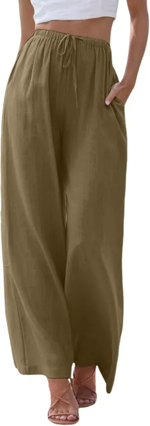 Women Wide Leg Pants Fashion Drawstring Elastic High Waisted Trousers Comfy Straight Leg Long Pants with Pockets