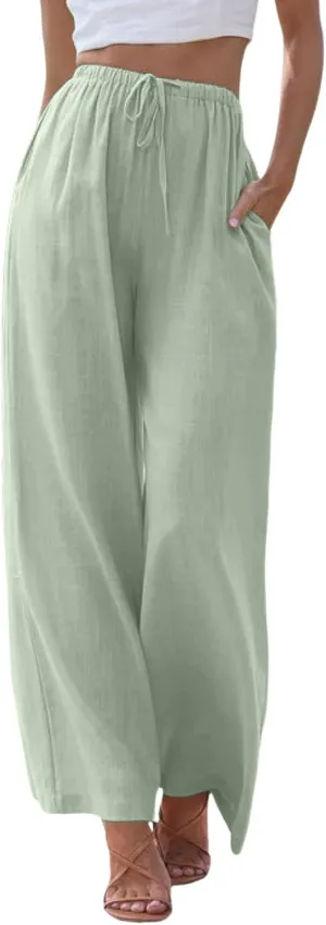 Women Wide Leg Pants Fashion Drawstring Elastic High Waisted Trousers Comfy Straight Leg Long Pants with Pockets