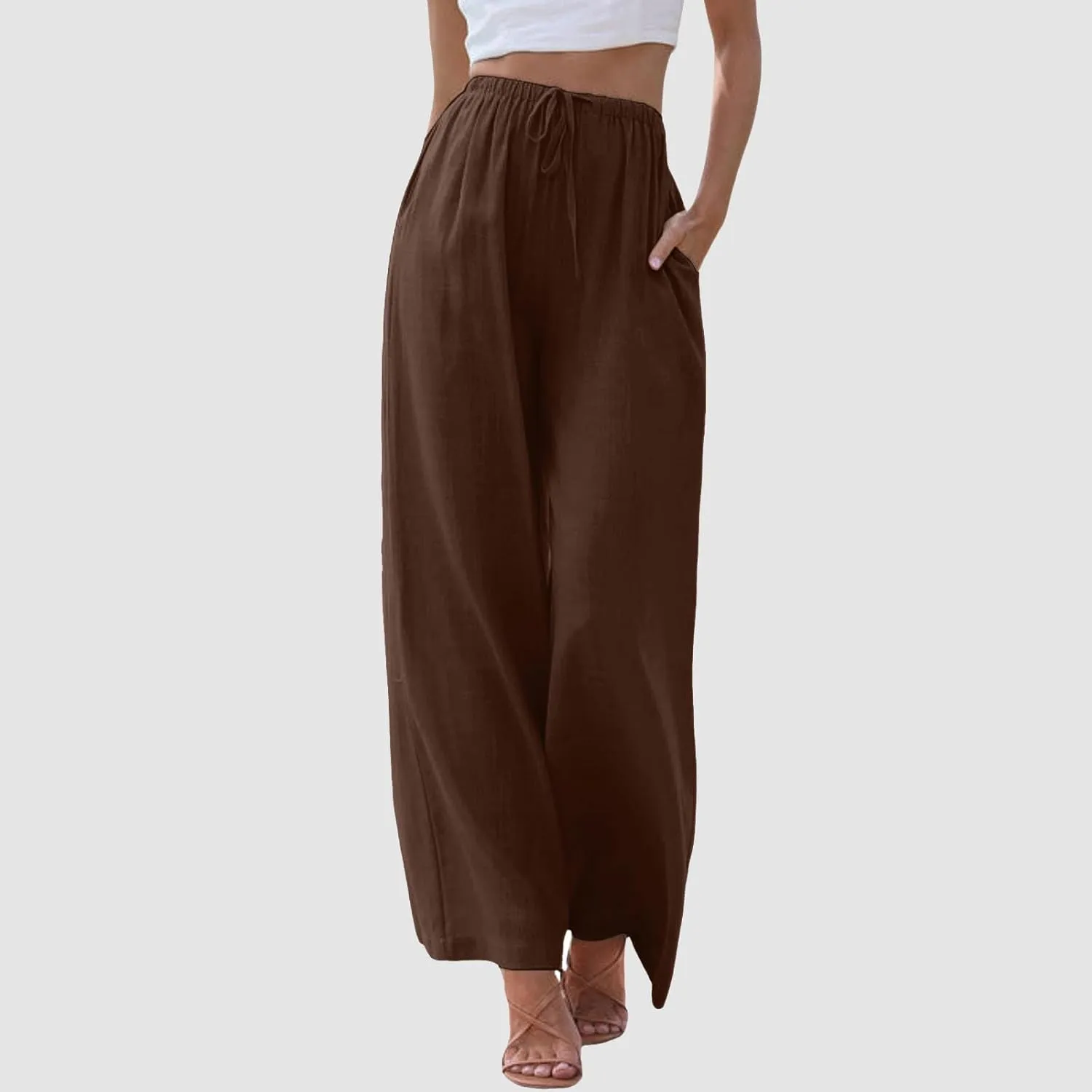 Women Wide Leg Pants Fashion Drawstring Elastic High Waisted Trousers Comfy Straight Leg Long Pants with Pockets