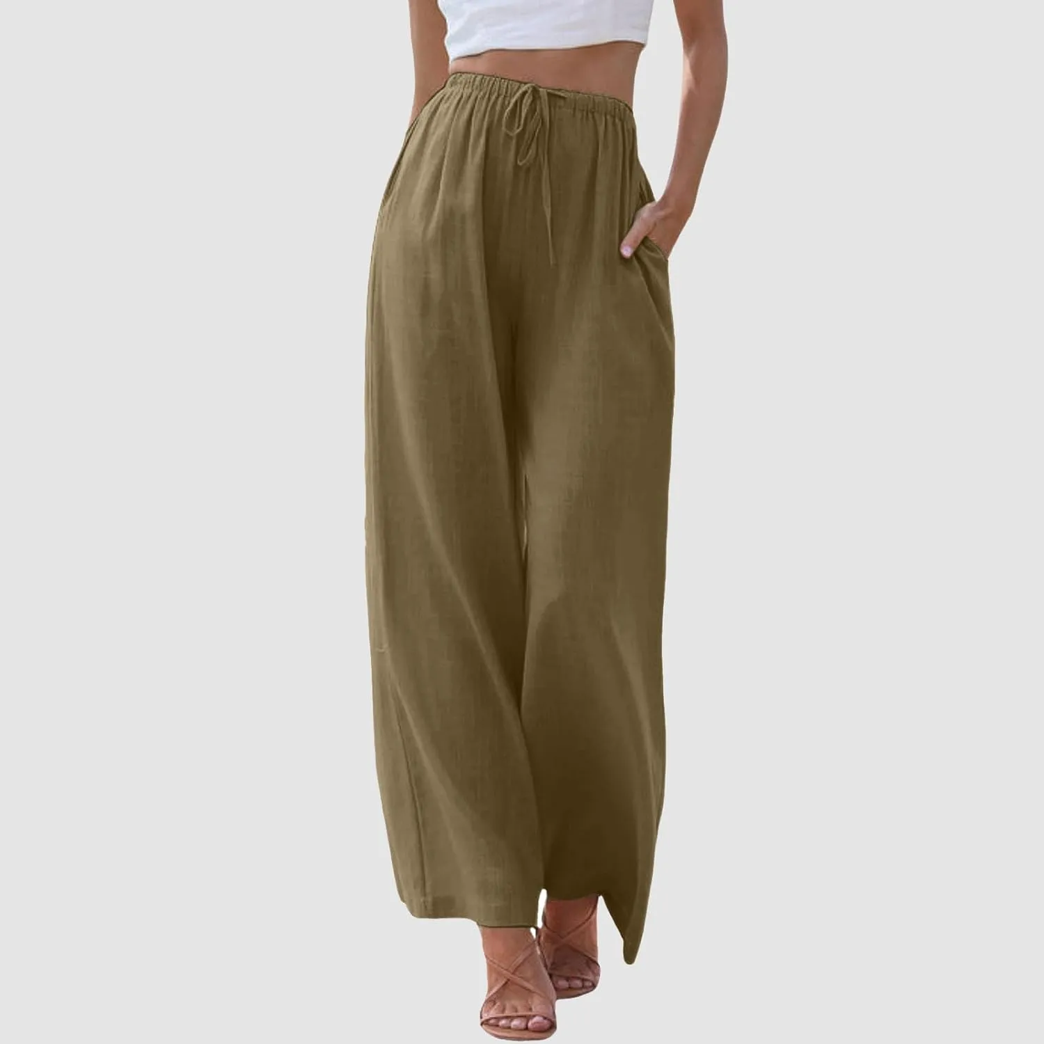 Women Wide Leg Pants Fashion Drawstring Elastic High Waisted Trousers Comfy Straight Leg Long Pants with Pockets