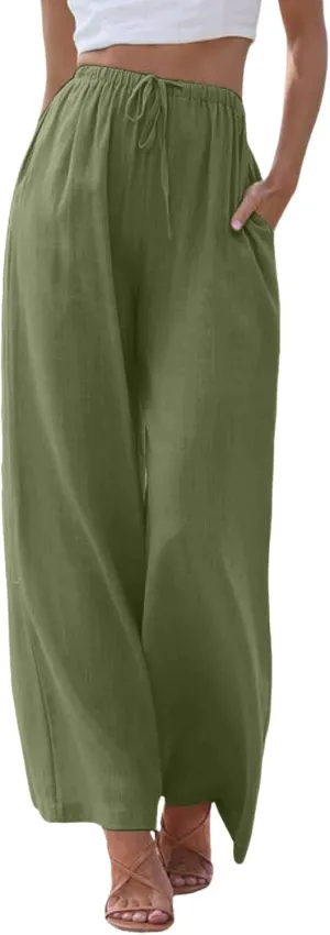 Women Wide Leg Pants Fashion Drawstring Elastic High Waisted Trousers Comfy Straight Leg Long Pants with Pockets