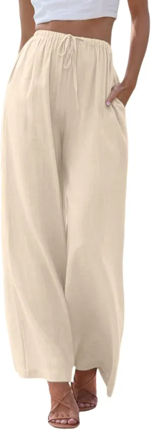 Women Wide Leg Pants Fashion Drawstring Elastic High Waisted Trousers Comfy Straight Leg Long Pants with Pockets