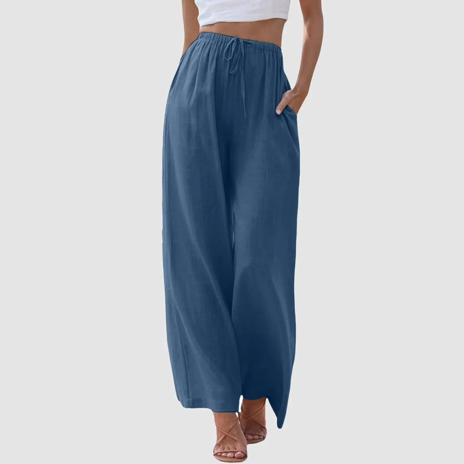 Women Wide Leg Pants Fashion Drawstring Elastic High Waisted Trousers Comfy Straight Leg Long Pants with Pockets