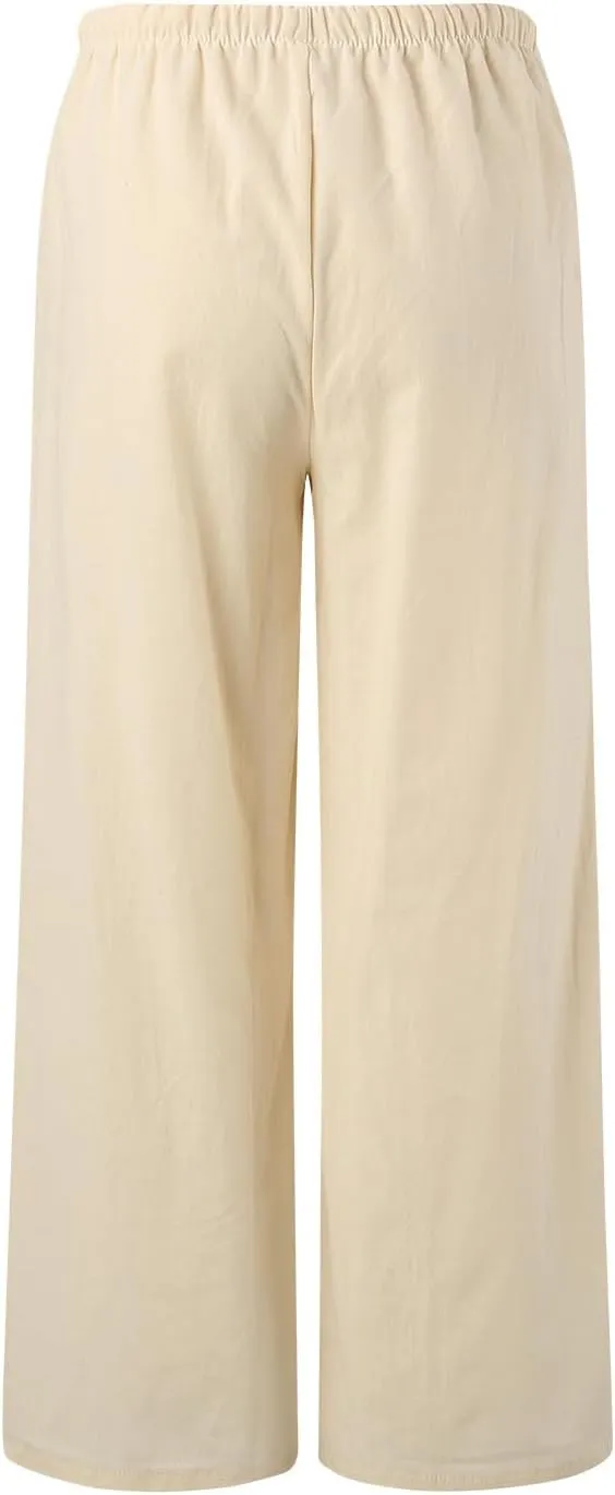 Women Wide Leg Pants Fashion Drawstring Elastic High Waisted Trousers Comfy Straight Leg Long Pants with Pockets