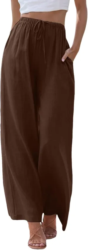 Women Wide Leg Pants Fashion Drawstring Elastic High Waisted Trousers Comfy Straight Leg Long Pants with Pockets
