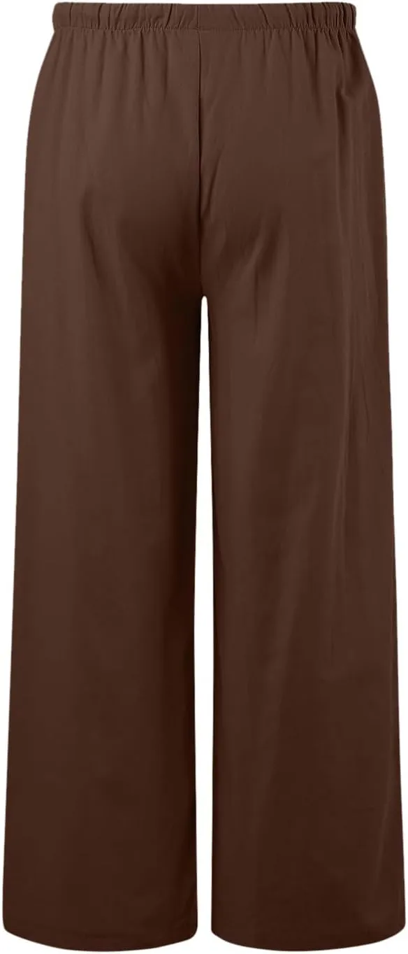 Women Wide Leg Pants Fashion Drawstring Elastic High Waisted Trousers Comfy Straight Leg Long Pants with Pockets