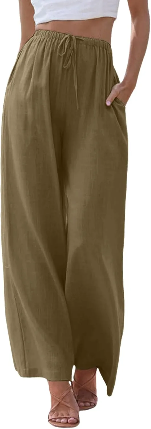 Women Wide Leg Pants Fashion Drawstring Elastic High Waisted Trousers Comfy Straight Leg Long Pants with Pockets