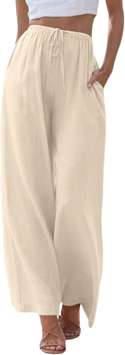 Women Wide Leg Pants Fashion Drawstring Elastic High Waisted Trousers Comfy Straight Leg Long Pants with Pockets