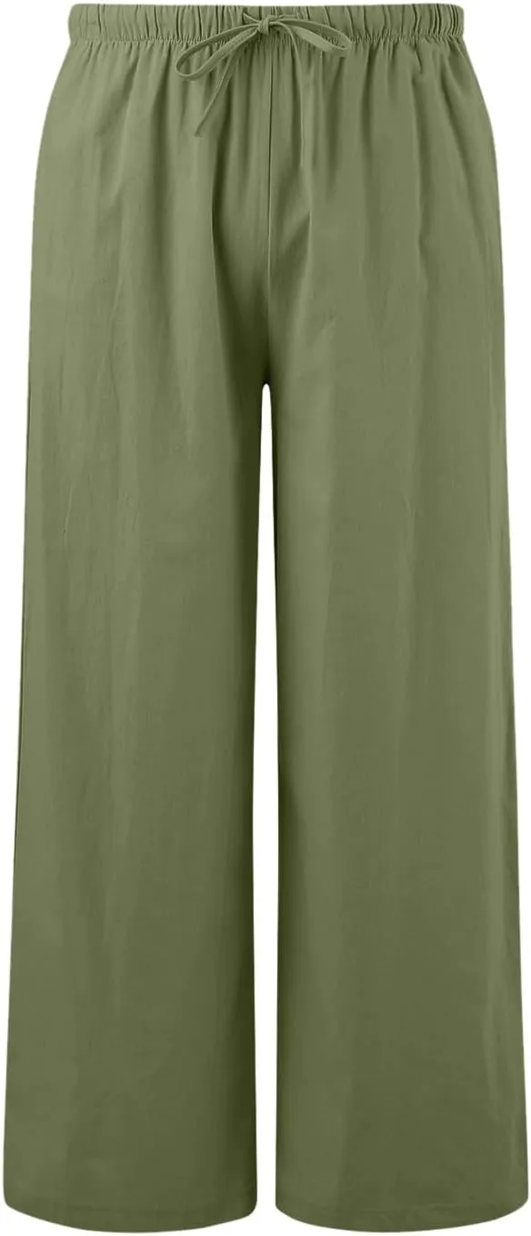 Women Wide Leg Pants Fashion Drawstring Elastic High Waisted Trousers Comfy Straight Leg Long Pants with Pockets