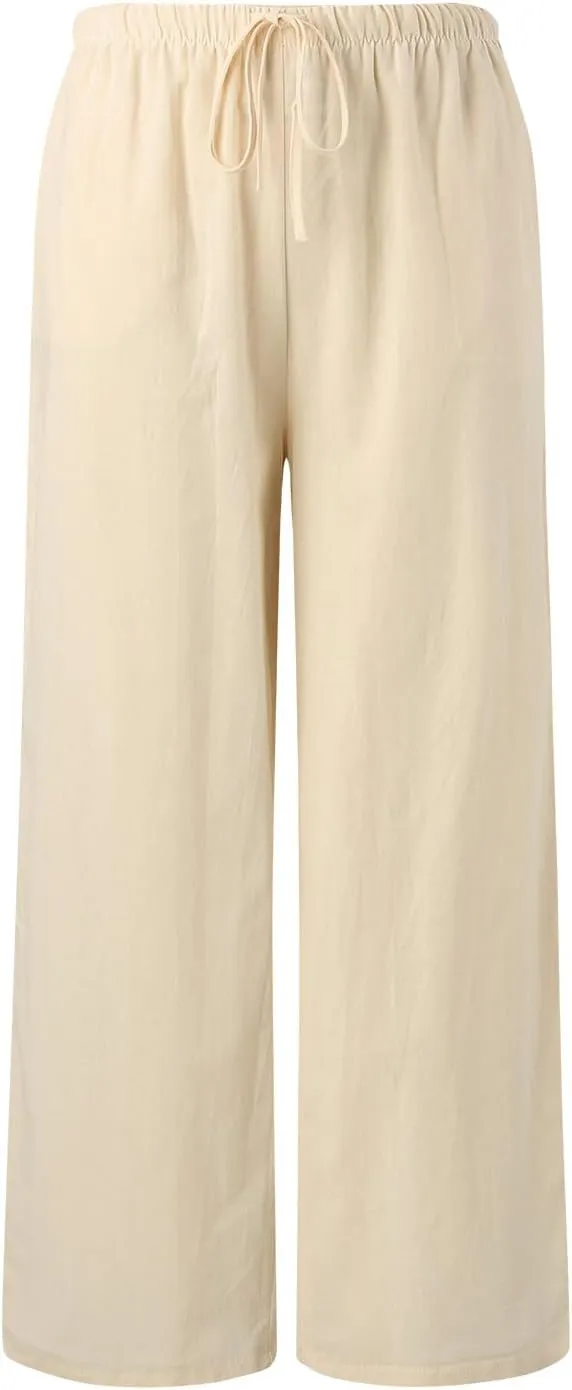 Women Wide Leg Pants Fashion Drawstring Elastic High Waisted Trousers Comfy Straight Leg Long Pants with Pockets