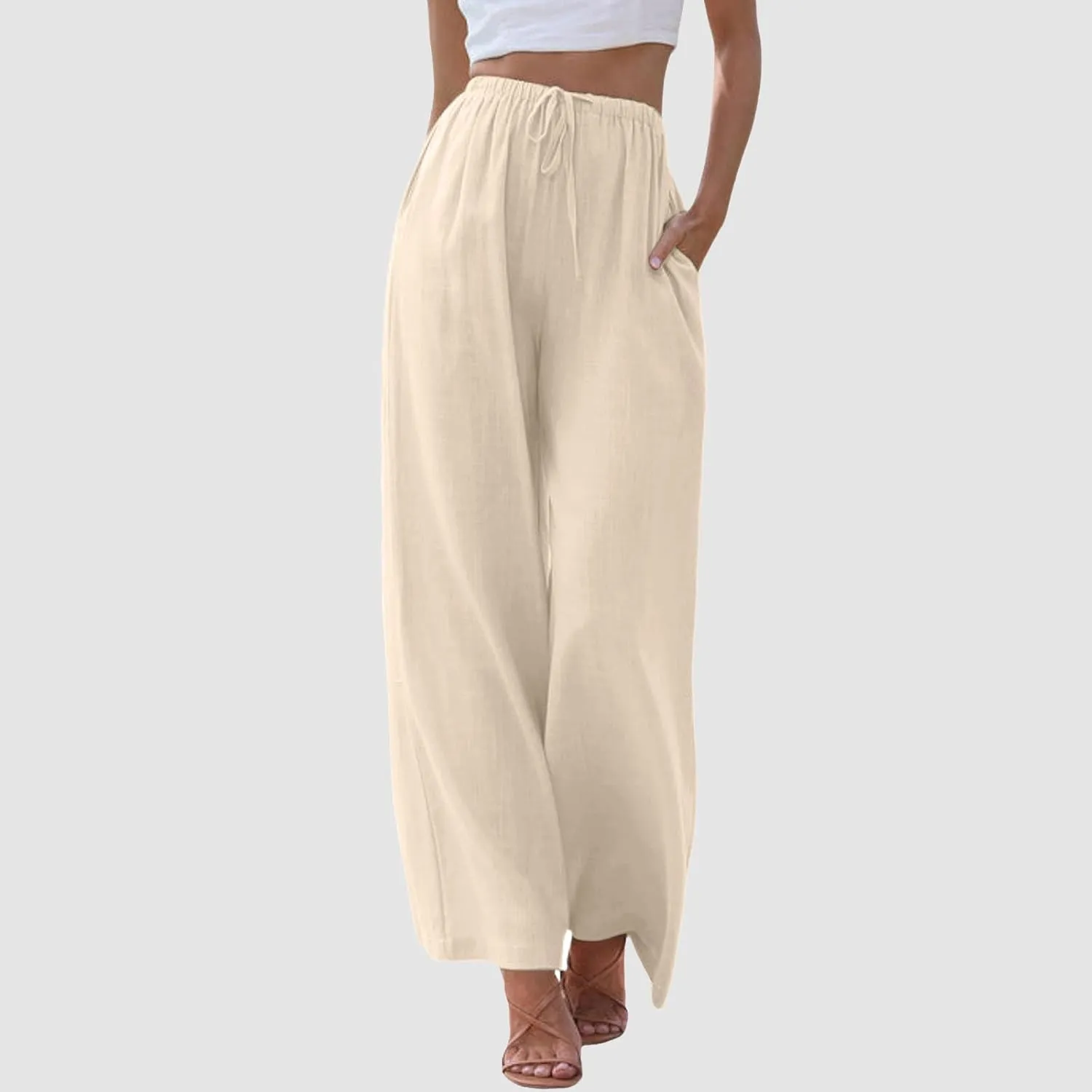 Women Wide Leg Pants Fashion Drawstring Elastic High Waisted Trousers Comfy Straight Leg Long Pants with Pockets