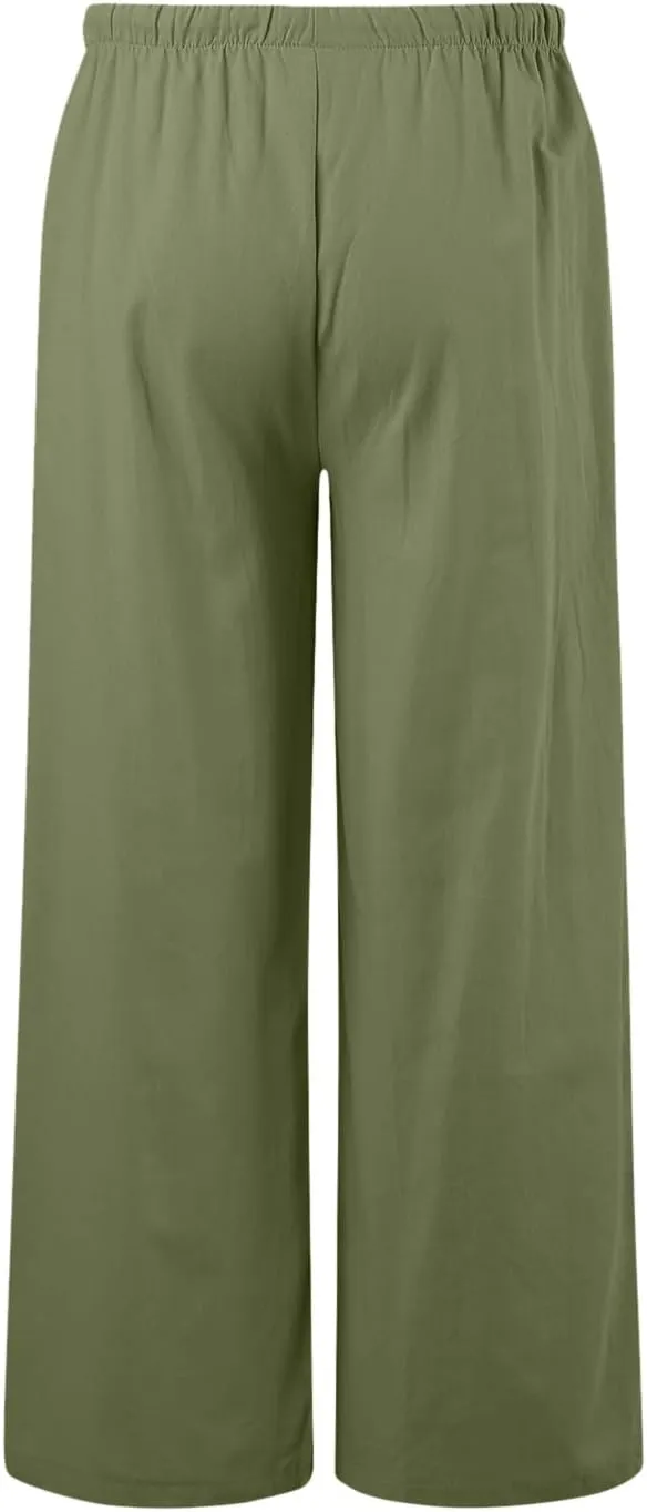 Women Wide Leg Pants Fashion Drawstring Elastic High Waisted Trousers Comfy Straight Leg Long Pants with Pockets