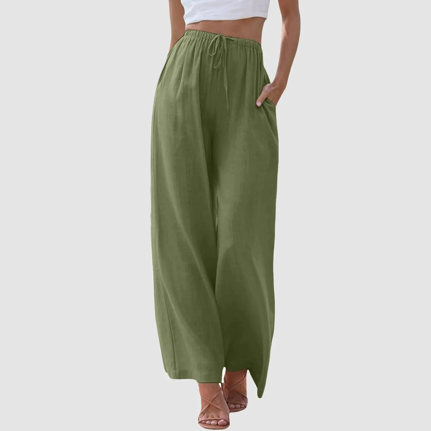 Women Wide Leg Pants Fashion Drawstring Elastic High Waisted Trousers Comfy Straight Leg Long Pants with Pockets