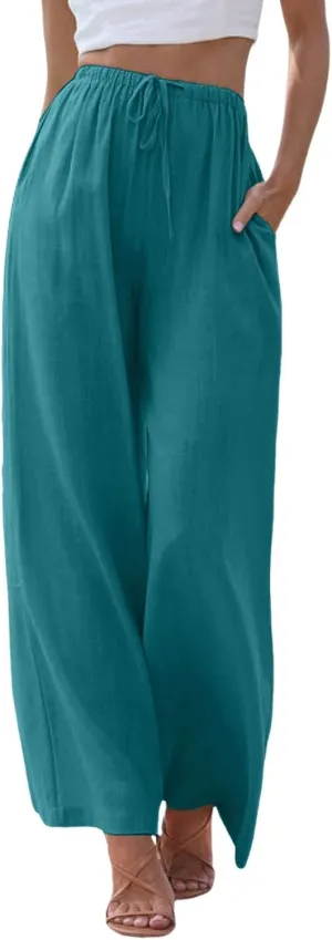 Women Wide Leg Pants Fashion Drawstring Elastic High Waisted Trousers Comfy Straight Leg Long Pants with Pockets