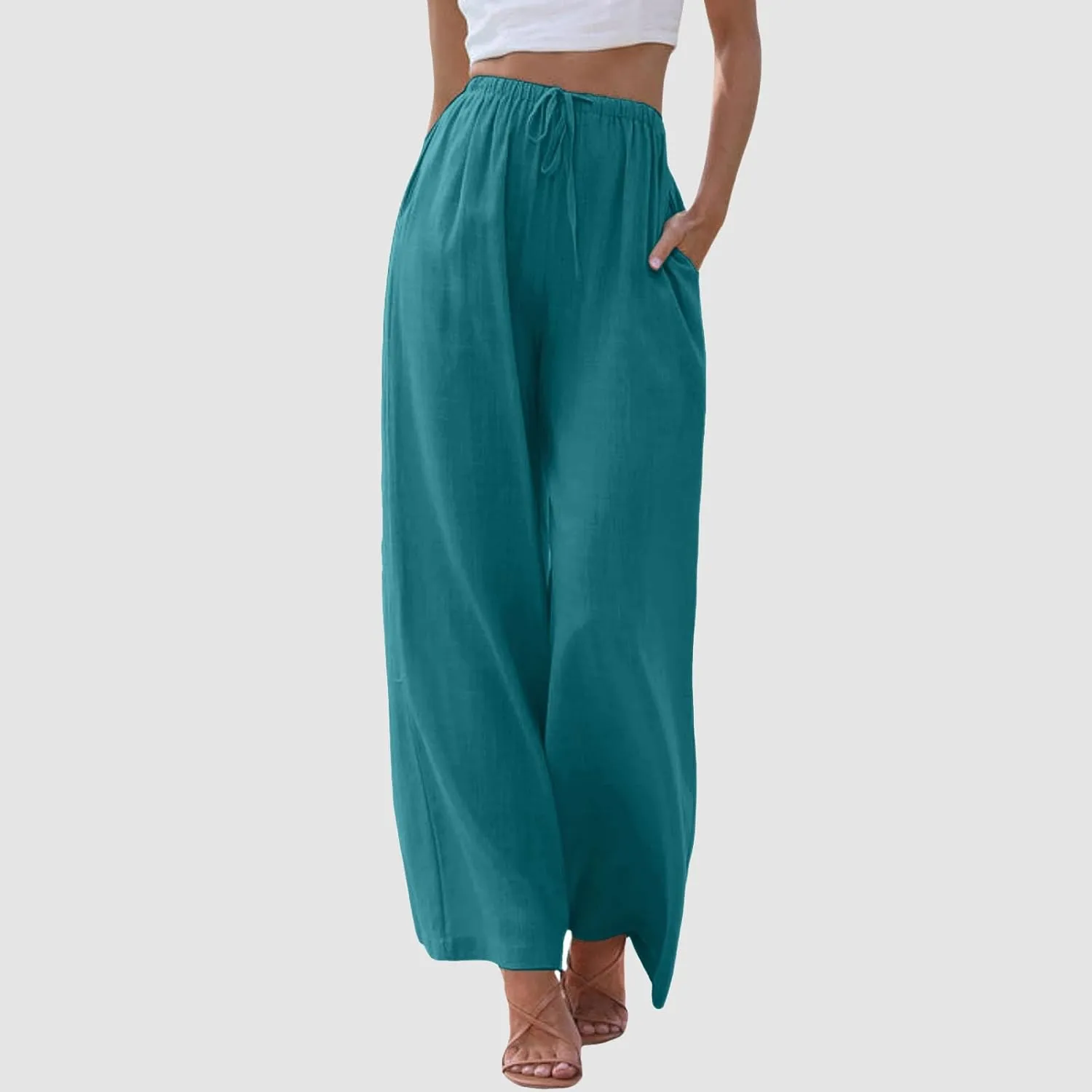 Women Wide Leg Pants Fashion Drawstring Elastic High Waisted Trousers Comfy Straight Leg Long Pants with Pockets