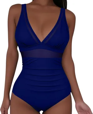 Womens 2025 Trendy Swimsuit Retro V Neck Tummy Control Bathing Suits Ruched Modest Full Coverage Mesh Swimwear