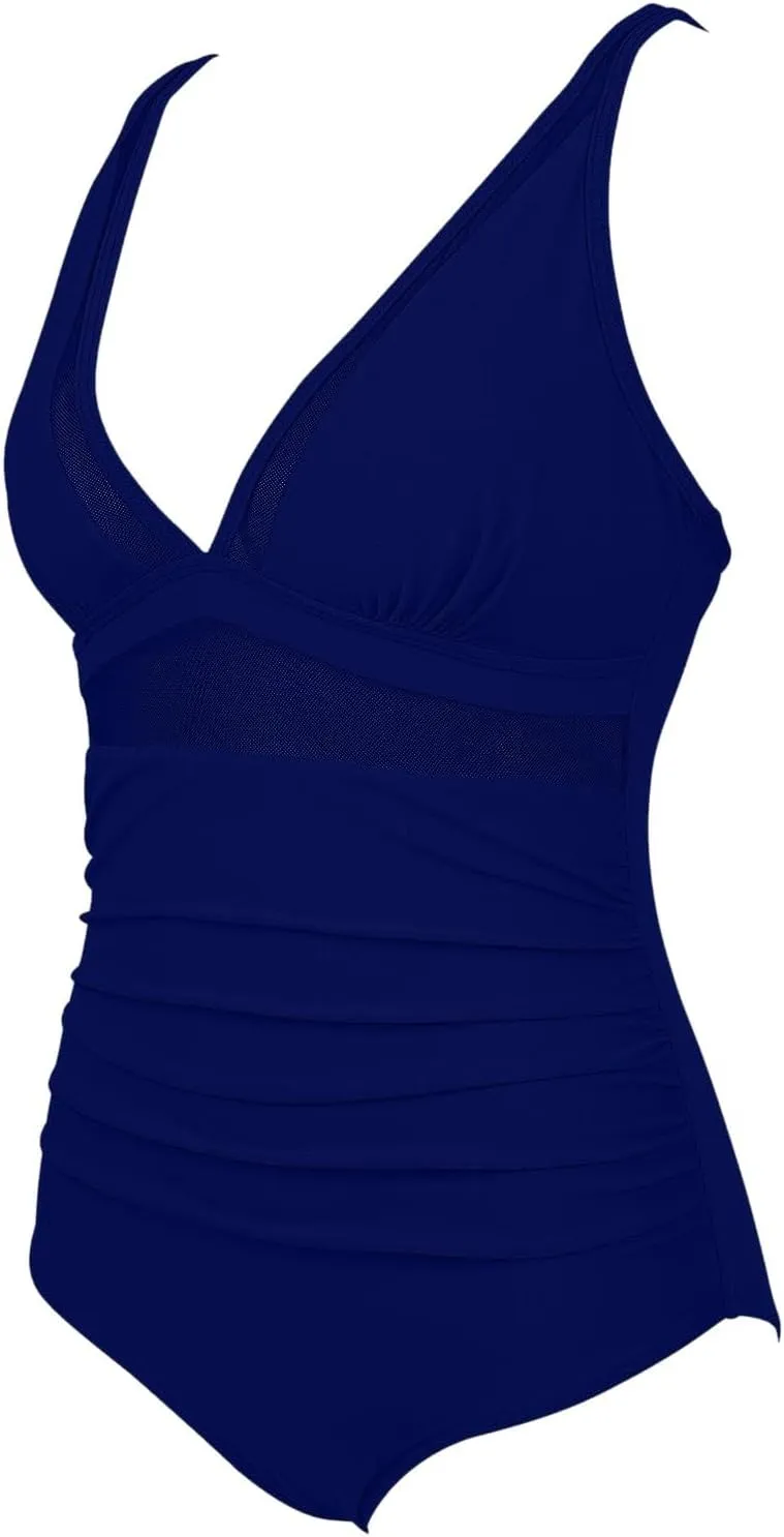 Womens 2025 Trendy Swimsuit Retro V Neck Tummy Control Bathing Suits Ruched Modest Full Coverage Mesh Swimwear